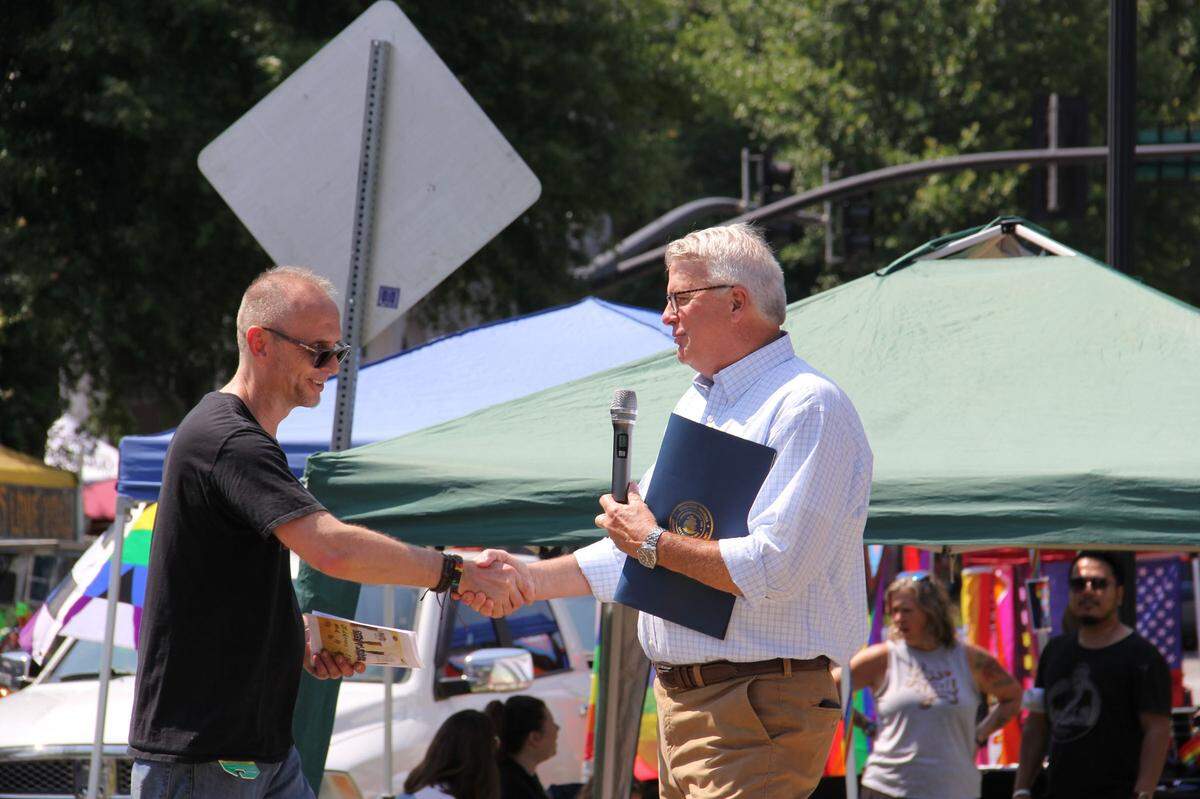 Mayor Skip Henderson reads the Pride proclamation during the 2023 festival.