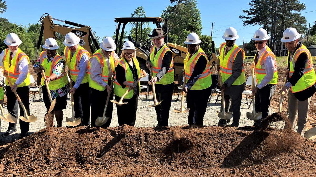 Officials participate in the May 1, 2023, groundbreaking ceremony at 2339 Fort Benning Road, where Columbus Technical Columbus is scheduled to open in the fall its Commercial Truck Driver Training Range. Columbus Tech also is raising money to build on the site a workforce development center for military veterans and their dependents.