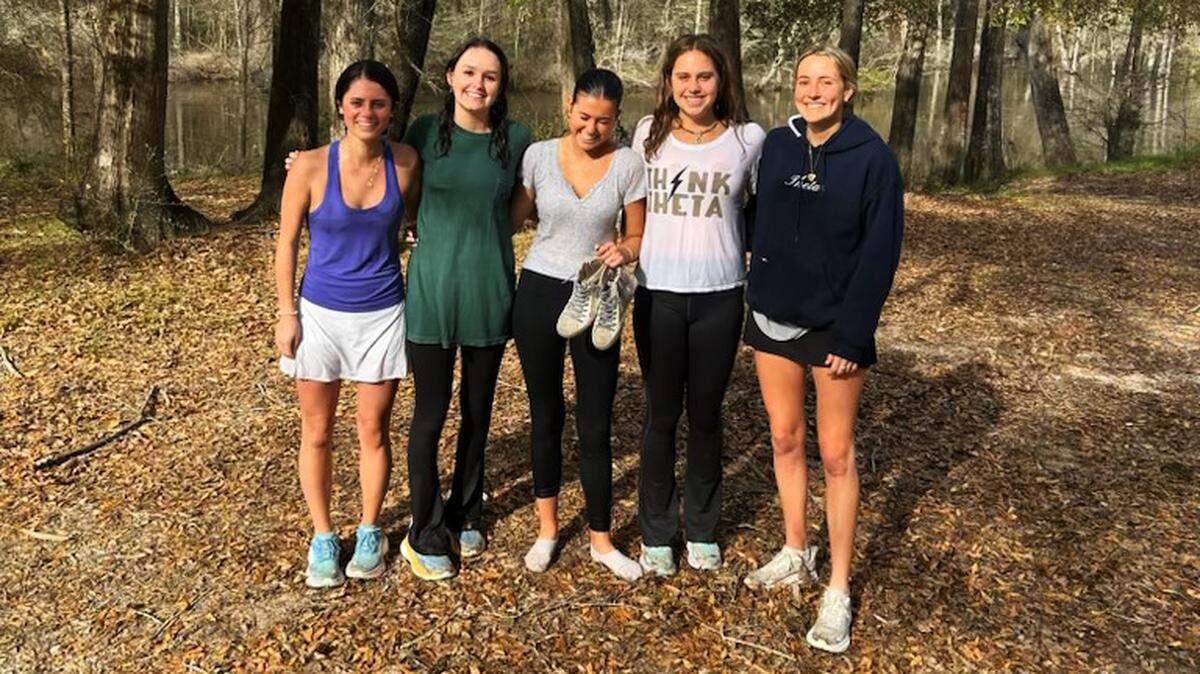 Five first-year students from the University of Georgia were on a road trip to Savannah when they rescued a family whose vehicle was submerged in a Burke County creek south of Augusta. The students, some still in wet clothes after the encounter, are (from left to right) Kaitlyn Iannace, Clarke Jones, Jane McArdle, Molly McCollum and Eleanor Cart.