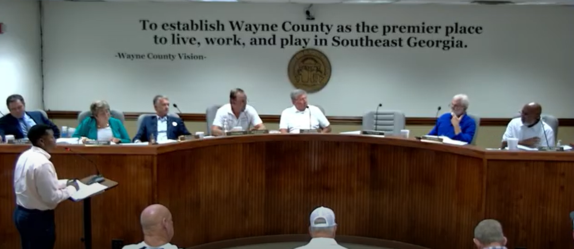 Dr. Treva Gear speaks the Wayne County Commission about the Altamaha Green Energy plant’s cost to Georgia Power customers and issues with pollution in a County Commission meeting on June 2, 2025.