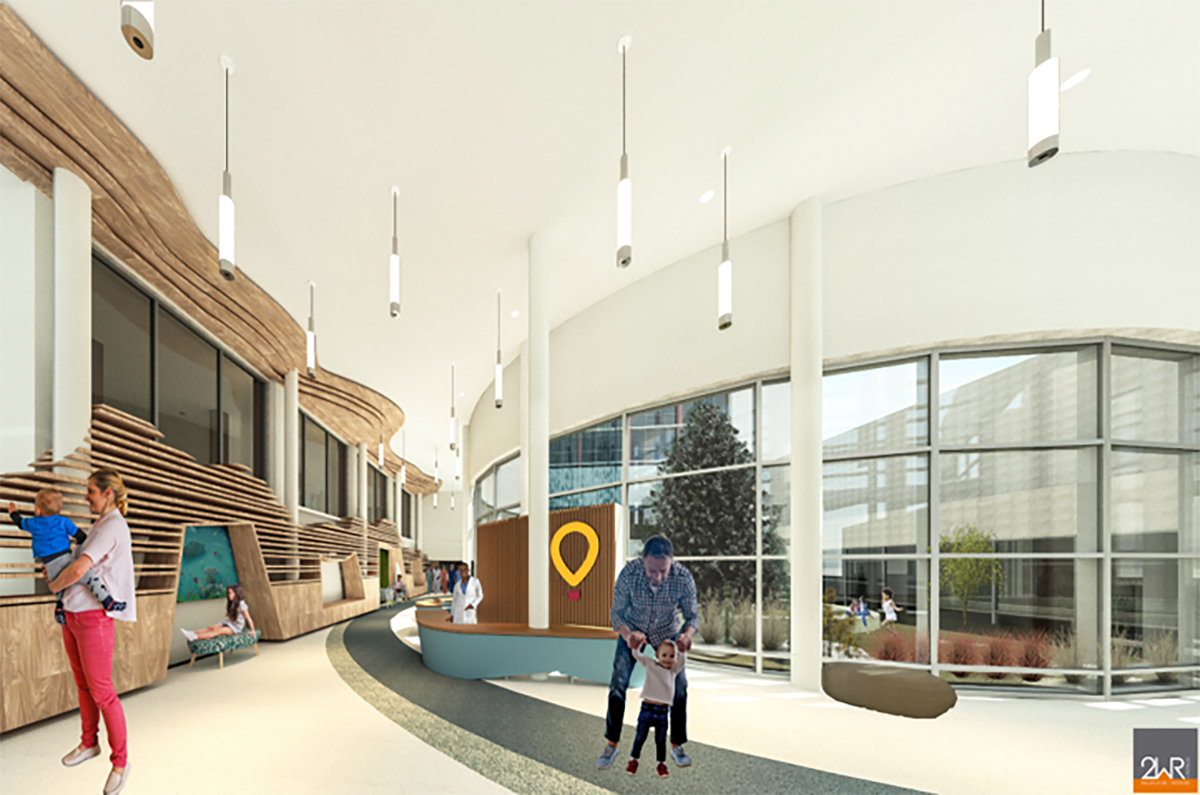 This artist’s rendering depicts the main lobby of the Bill and Olivia Amos Children’s Hospital after a major renovation project of the building is complete.