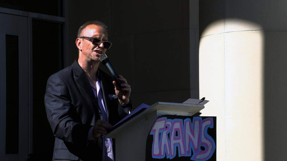Jeremy Scott Hobbs speaks Feb. 28, 2025, at the “We Exist” rally and protest in front of the City Services Center in Columbus.