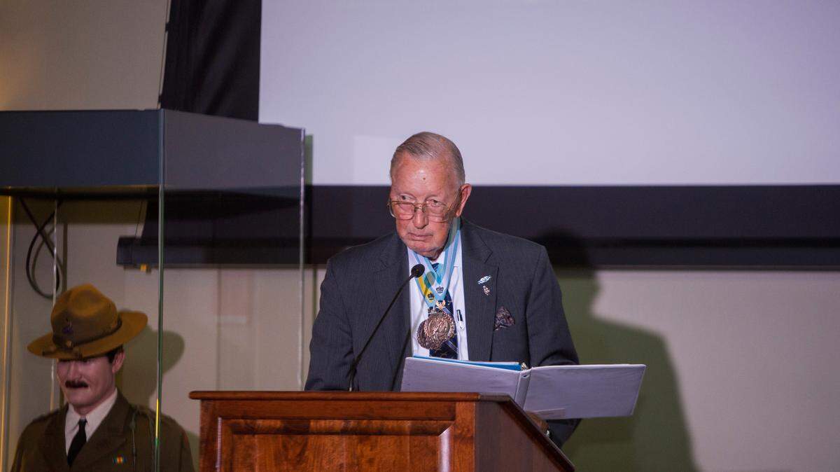 Retired Lt. Gen. Sam Wetzel accepts the Doughboy Award Tuesday night at the National Infantry Museum. The award is given annually by the National Infantry Association.