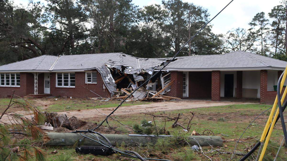 Damage from Hurricane Helene in Valdosta, Georgia. Downed power lines and trees line the roads in an area struck just 13 months ago by Hurricane Idalia.