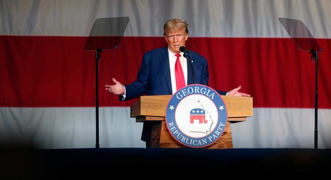 Former President Donald Trump speaks at the Columbus Convention & Trade Center Saturday afternoon during the Georgia GOP state convention. 06/10/2023