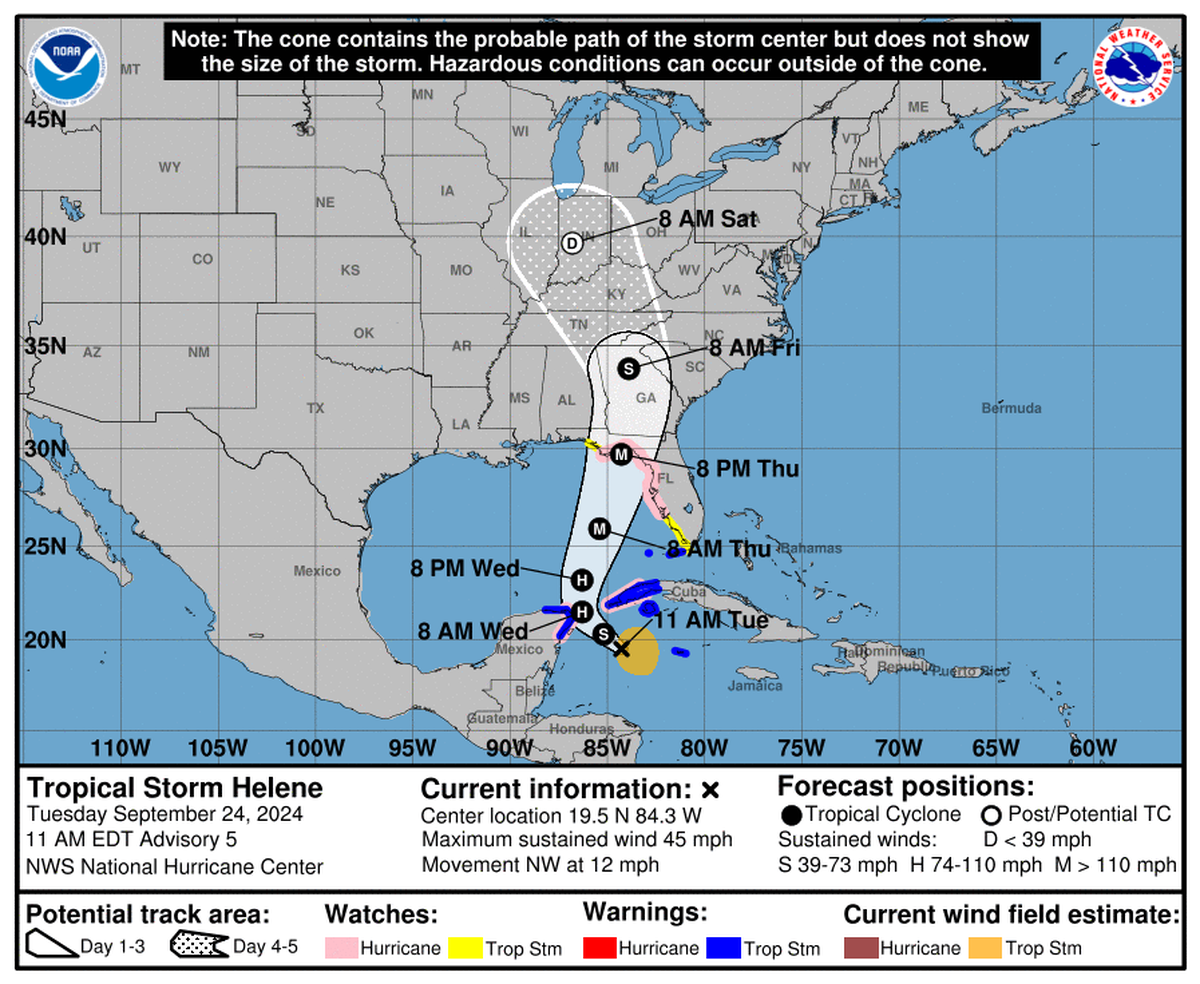 National Hurricane Center forecast for Tropical Storm Helene shows Helene making landfall near the Big Bend Thursday evening and inching its way toward Columbus in the middle of the night on Thursday.