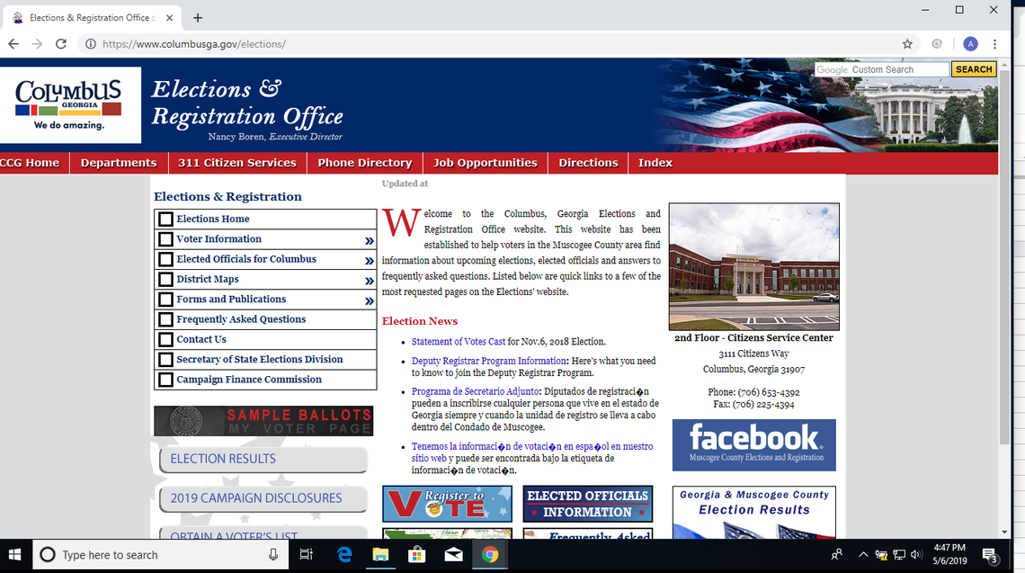A screen shot of the Muscogee County Elections and Registration Office web page on May 6, 2019 shows meeting dates and times of the Board of Elections and Registration were not listed on the home page.