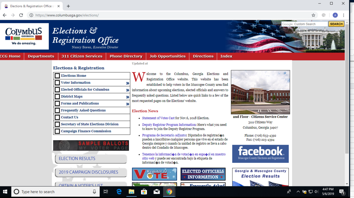 A screen shot of the Muscogee County Elections and Registration Office web page on May 6, 2019 shows meeting dates and times of the Board of Elections and Registration were not listed on the home page.