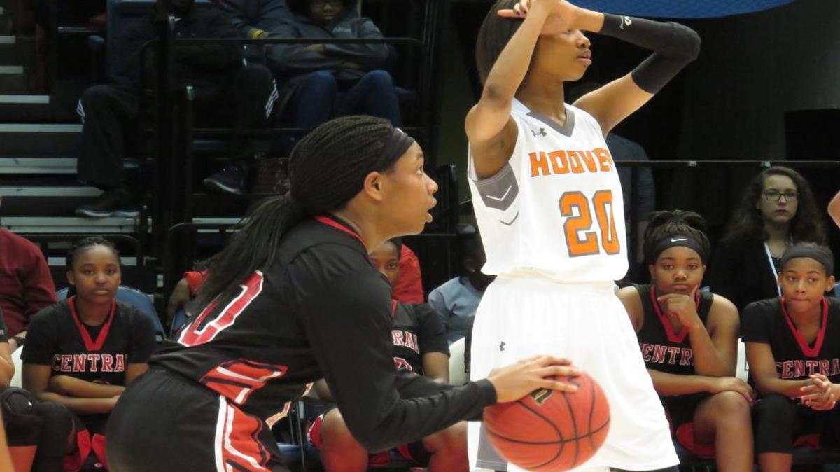 Central’s Teyah Johnson prepares to shoot her free throws in the Lady Red Devils’ semifinals game against Hoover in Birmingham’s Legacy Arena on March 2, 2017.