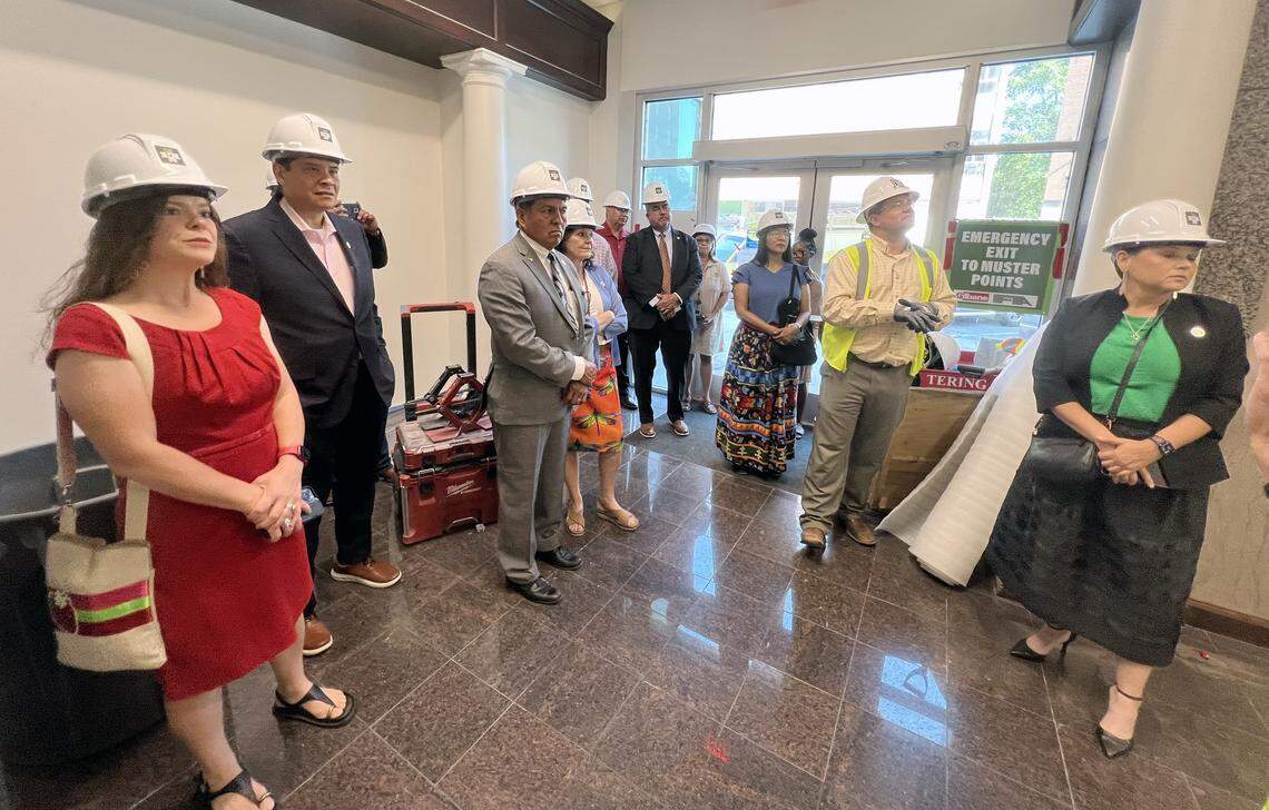Representatives of the Muscogee Nation take a tour of Columbus City Hall in Columbus, Georgia, on Sept. 15, 2025. Officials announced the Muscogee Nation will have a permanent office inside Columbus City Hall when renovation of the space is complete..