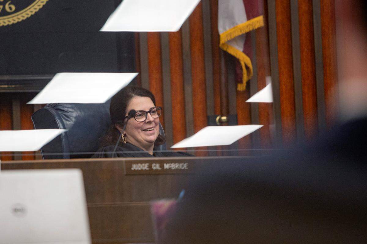 Judge Katherine Lumsden reacts to attorney Christopher Breault’s statements during his client, Mark Jones’, pretrial motions hearing, on Oct. 21, 2021, at the Government Center in Columbus, Ga.
