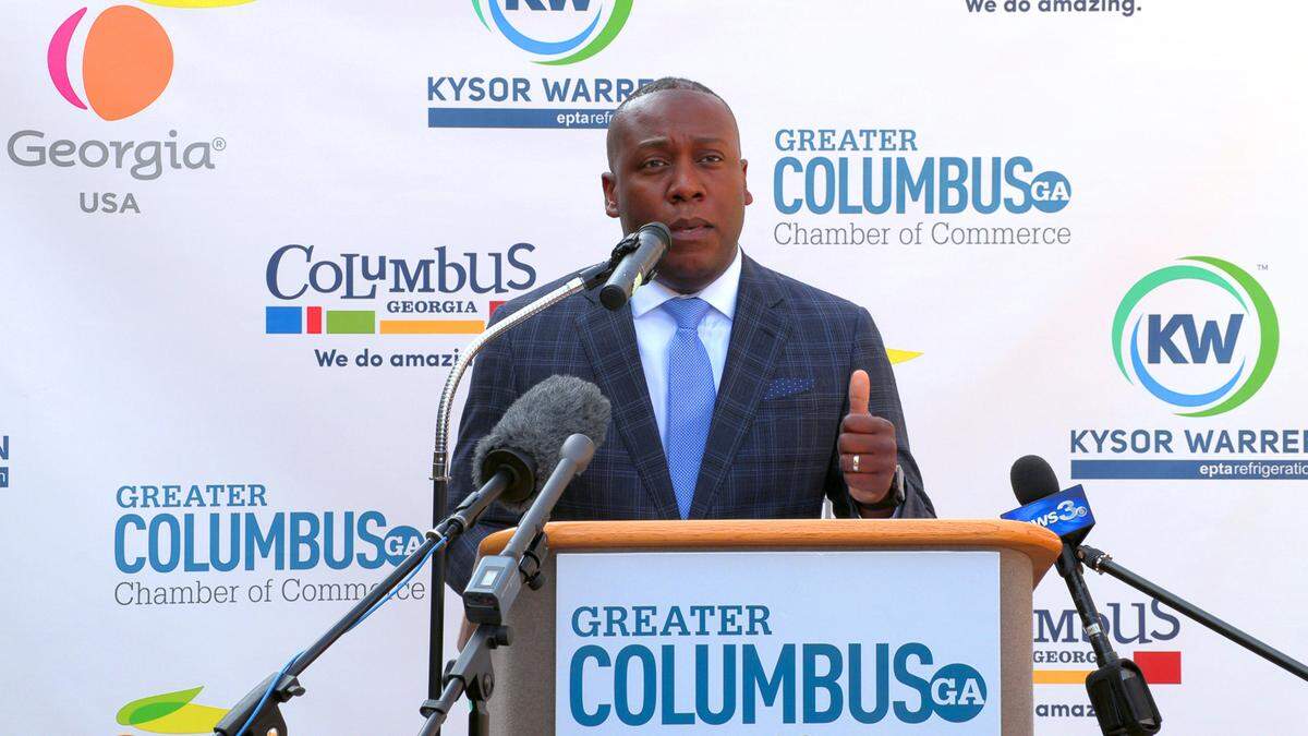 Jerald Mitchell, president and CEO of the Greater Columbus, Georgia Chamber of Commerce speaks during an October 2020 announcement at Kysor Warren Epta US in Columbus, Georgia. Kysor Warren Epta US will invest more than $27 million in expanding its operations in Columbus, Georgia and bringing 200 jobs to the local community, officials announced.