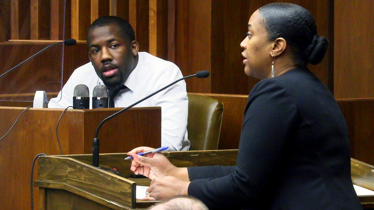 Acting District Attorney Sheneka Terry questions Eric Spencer, the former murder suspect who made a deal with prosecutors, during Spencer’s testimony at the trial of four others charged in the 2018 fatal shooting of Branden Denson outside a Pizz Hut in Columbus, Georgia. 03/24/2022