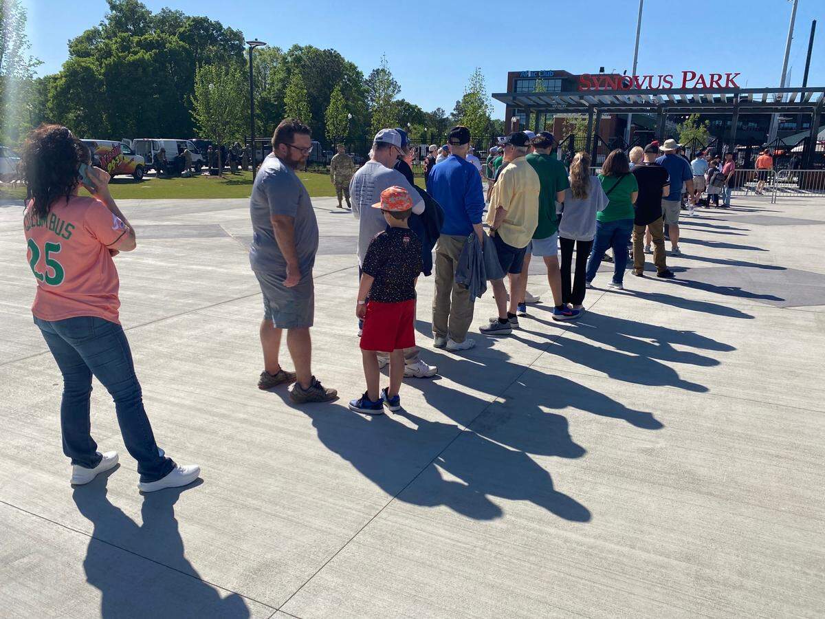 Dozens of fans wait to get into Synovus Park for the Columbus Clingstones’ first home game on April 15, 2025. The Clingstones said the game was a sellout.