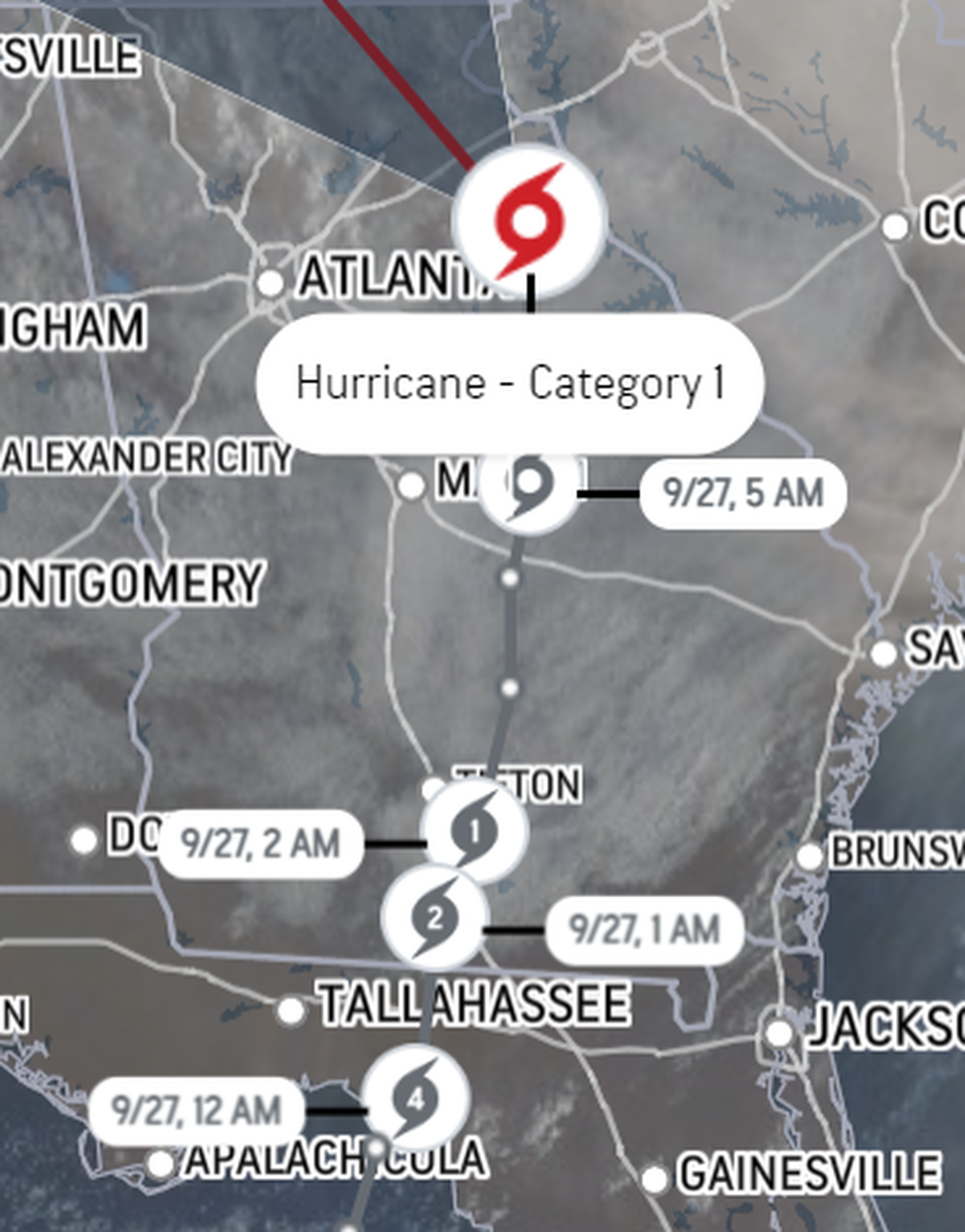 Helene shifted East bringing hurricane forced winds to Valdosta, Tifton, Macon areas.