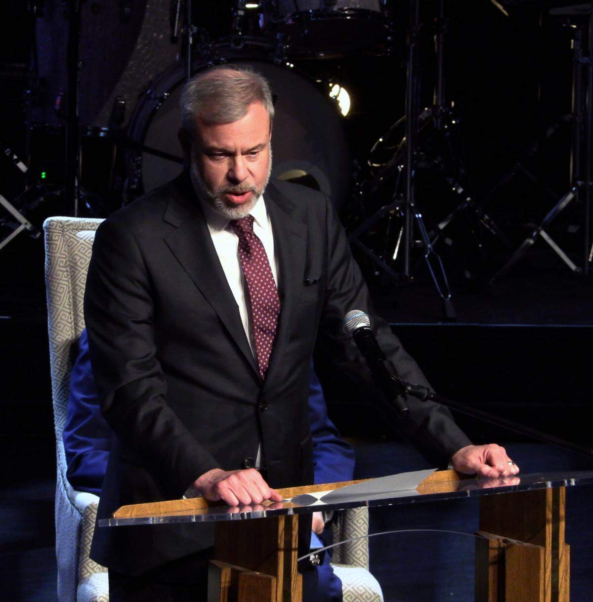 Acting District Attorney Don Kelly speaks during a celebration of life service for Stacey Jackson Thursday afternoon at Cascade Hills Church in Columbus, Georgia. 05/16/2024