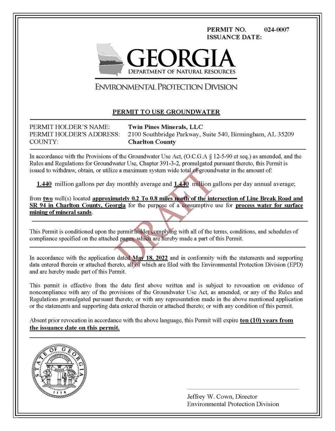 Page 1 of the draft permit to use groundwater from the Georgia Environmental Protection Division