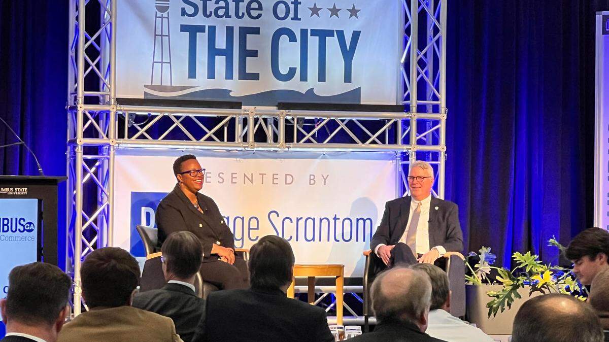 Columbus Mayor Skip Henderson is interviewed by Crystal Shahid, chairwoman of the Greater Columbus Chamber of Commerce, during the State of the City address Feb. 18, 2025, in the Cunningham Center at Columbus State University.