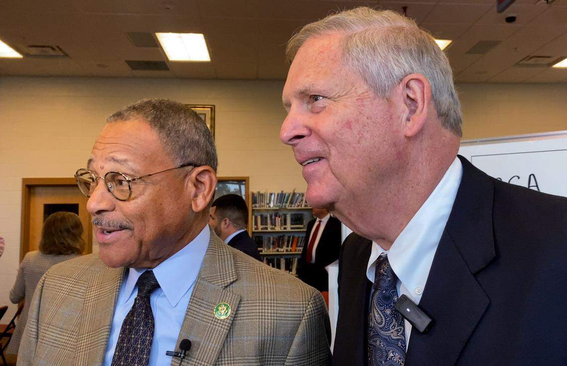 U.S. Department of Agriculture Secretary Thomas J. Vilsack, right, and U.S.. Congressman Sanford D. Bishop answer questions from the media Friday morning at G.W. Carver High School in Columbus, Georgia. 05/17/2024