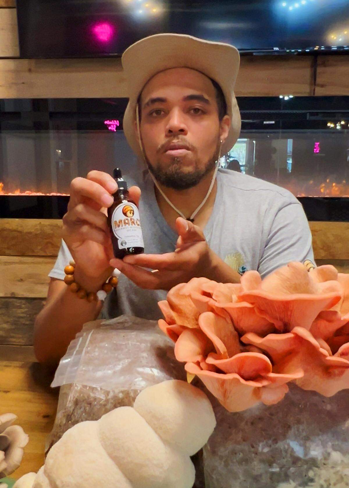 Marcus Smith, owner of Marc’s Gourmet Mushrooms in Columbus, began growing mushrooms during the start of the ​COVID-19 pandemic in 2020, he told the Ledger-Enquirer. He grows gourmet mushrooms full-time now, selling them, and other products like this tincture, at Market Days and other markets in Columbus and Opelika.