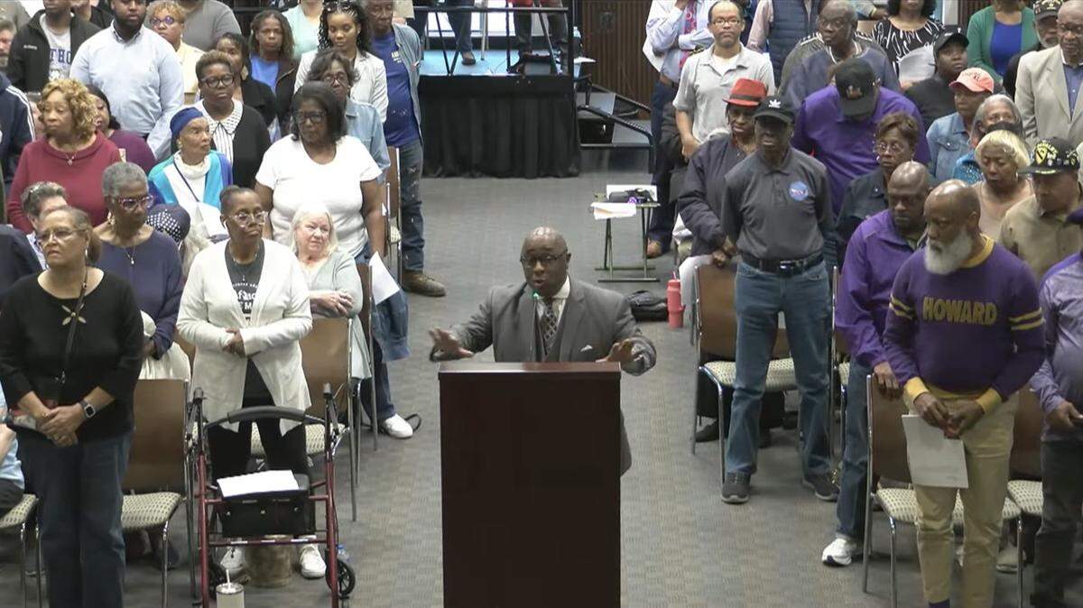 The Rev. Johnny Flakes III of Fourth Street Missionary Baptist Church speaks to the Columbus Council during the public agenda at the March 25, 2025, meeting. He asked everyone to stand if they didn’t like the process of the council’s appointment of John Anker. Councilors voted 6-3 during the March 11 meeting to appoint Anker to the citywide District 9 seat, the same meeting in which Judy Thomas resigned from that seat due to medical reasons.