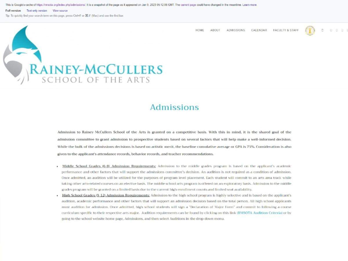Jan. 9, 2023, cached version of the Rainey-McCullers School of the Arts admissions policy.