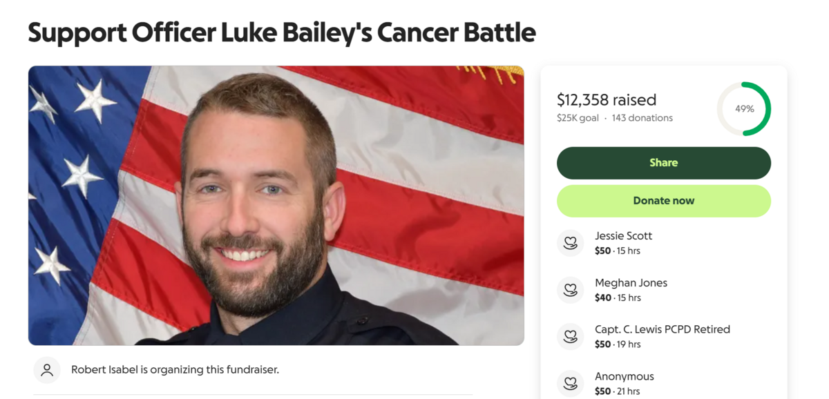 This is a Sept. 9, 2025, screenshot of the online account at GoFundMe.com established to raise money for Phenix City Police Officer Luke Bailey.