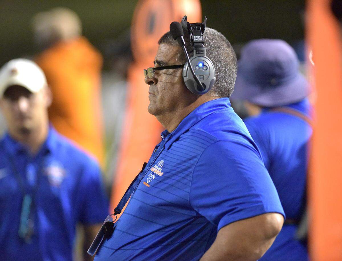 Columbus head football coach Phil Marino watches his Blue Devils play Friday night against the Shaw Raiders at A.J. McClung Memorial Stadium on October 12, 2018.