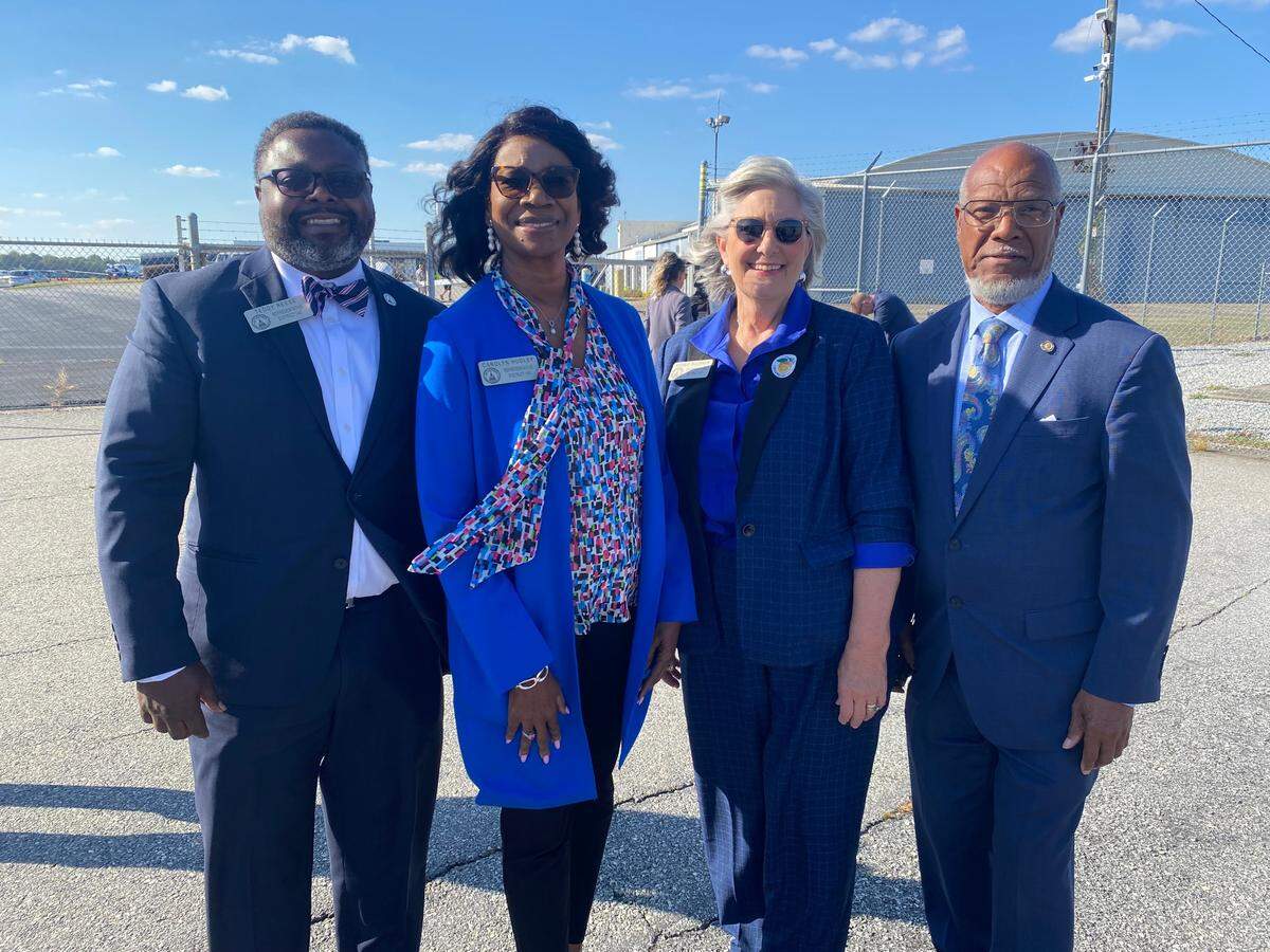 State Reps. (from left) Teddy Reese, Carolyn Hugley, Debbie Buckner and Calvin Smyre all greeted Gov. Tim Walz when he arrived in Columbus on Tuesday, Oct. 29. Walz is the vice presidential nominee running with current Vice President Kamala Harris.