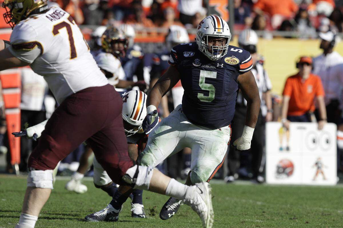 Auburn defensive tackle Derrick Brown (5) during the second half of the Outback Bowl NCAA college football game against Minnesota Wednesday, Jan. 1, 2020, in Tampa, Fla. (AP Photo/Chris O’Meara)