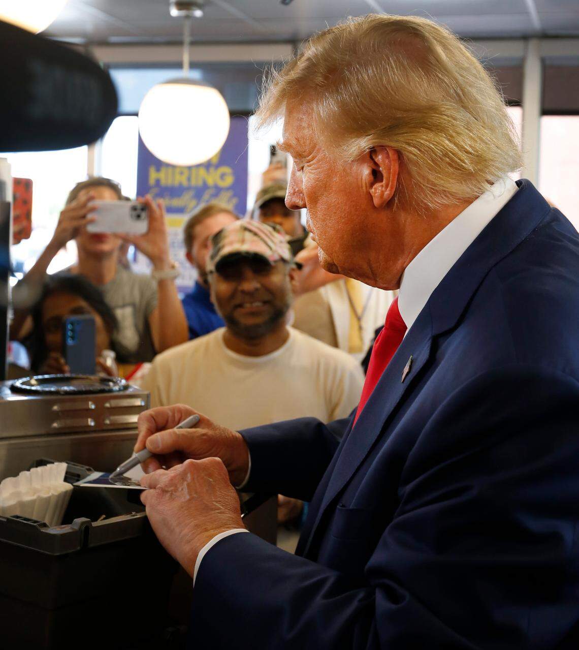 Former president Donald Trump visits the Waffle House at 1326 Veterans Parkway in Columbus, Georgia after his speech at the Columbus Convention & Trade Center. 06/10/2023