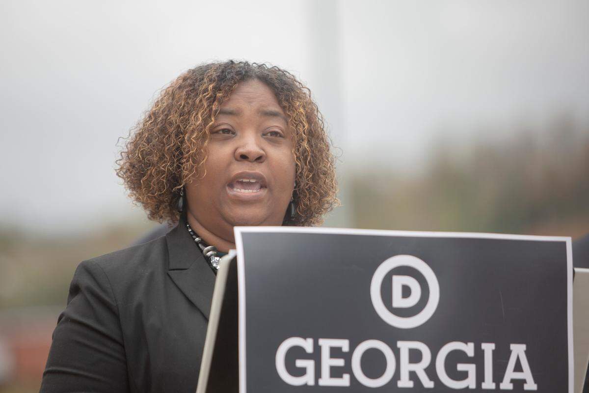Columbus Councilor Toyia Tucker speaks at a Georgia Democrats event recognizing the bipartisan infrastructure deal passed last week, on Nov. 22, 2021, in Columbus, Ga.
