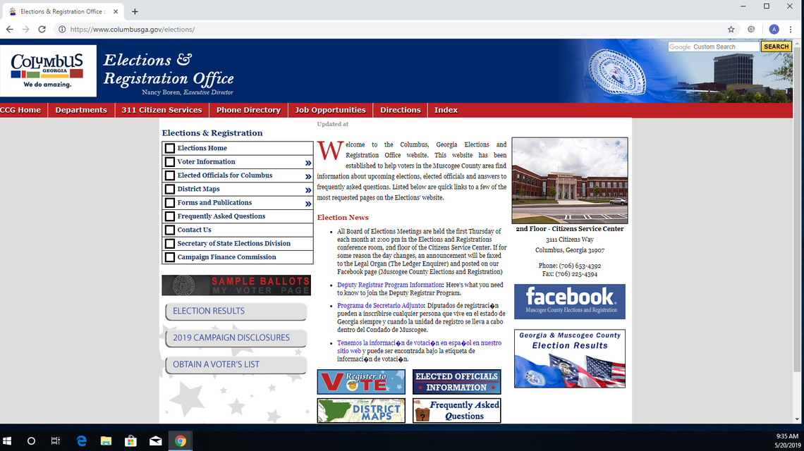 A screen shot of the Muscogee County Elections and Registration Office web page on May 20, 2019 shows meeting dates and times of the Board of Elections and Registration listed on the home page.