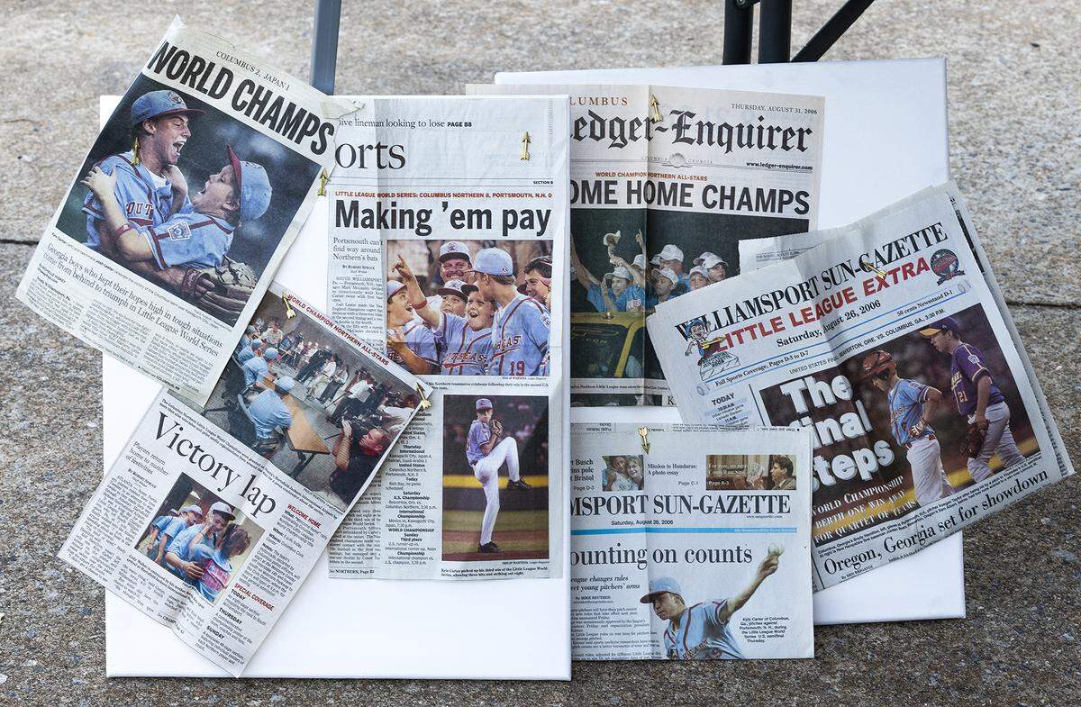 Newspaper clippings of the 2006 World Championship season were on display at the ceremony honoring Randy Morris and Donnie Coulter at Northern Little League. 04/28/2021