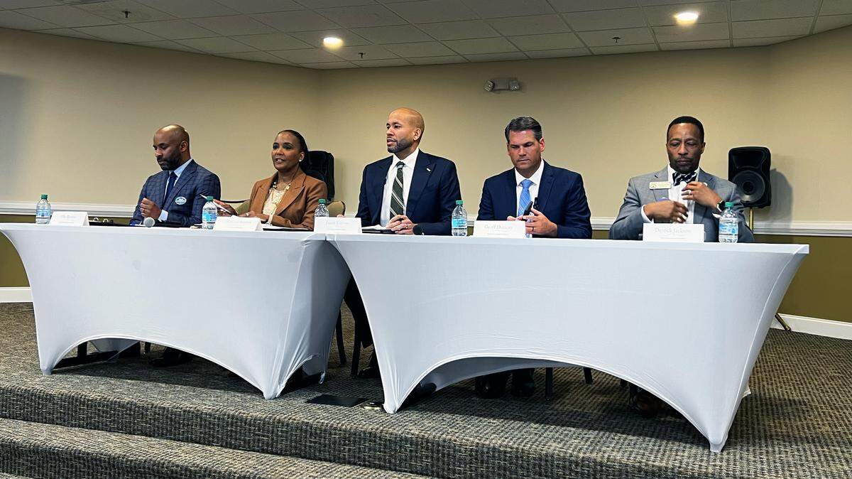 The Saving Democracy Forum in Columbus, featuring Democratic gubernatorial candidates in Georgia, offered local residents an opportunity to learn more about the candidates March 12, 2026, at the Page-Doleman Complex, 800 Eighth Street Pictured from left are business owner and pastor Olu Brown, former Atlanta Mayor Keisha Lance Bottoms, state Sen. Jason Esteves, former Lt. Gov. Geoff Duncan and state Rep. Derrick Jackson.