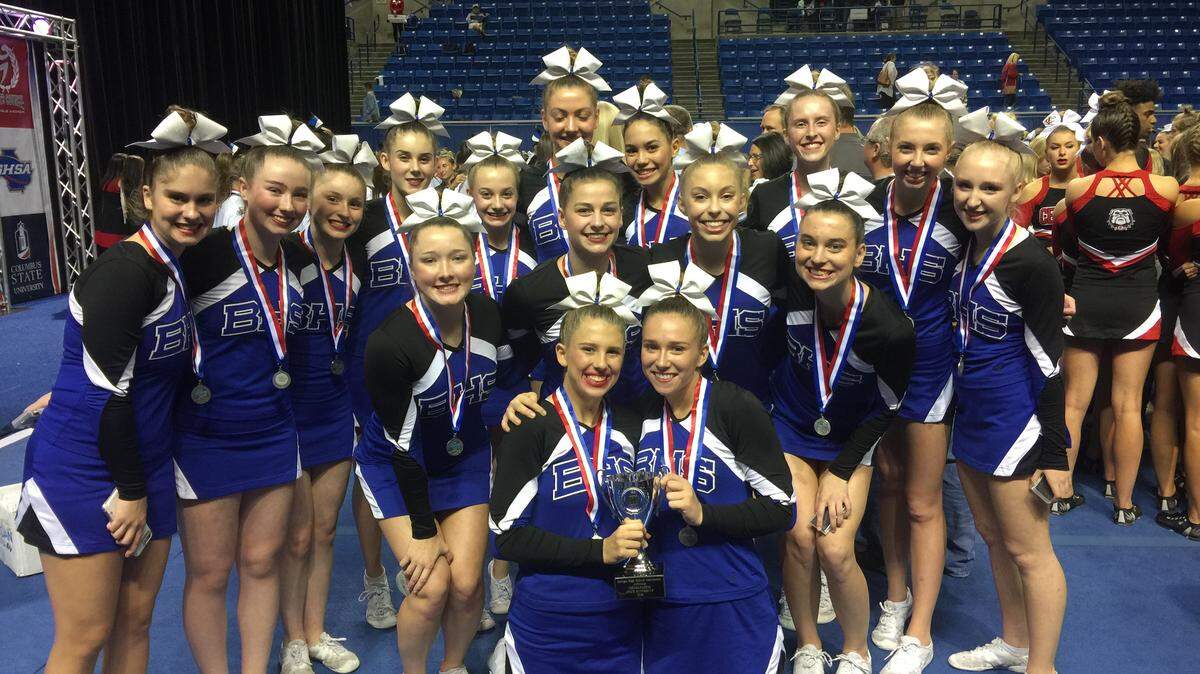 The Brookstone Cougars show the runner-up medals they received for finishing second in the Class A private-school competition during the Georgia High School Association cheerleading state championships in the Columbus Civic Center on Friday night, Nov. 9, 2018. Pictured, from left, are: front row, seniors Haley Johnson and Abby Beaver; middle row, Ashley Lewis, Olivia Foster, Wells Roberts and Abby Leary; back row, Springer Tebeau, Katherine Brown, Mary Virginia Sluder, Anna Kate Helton, Laine Harris, Lily White, Joanna Lunsford, Julia Loudermilk, Riley Grier and Claire Nicholson.
