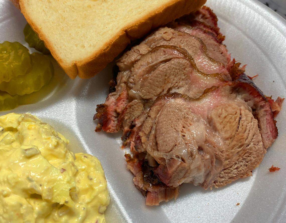 Ledger-Enquirer reporter Kelby Hutchison ordered the sliced barbecue pork plate with Brunswick stew and potato salad at Mike & Ed’s Bar-B-Que restaurant in Phenix City on March 5, 2026.