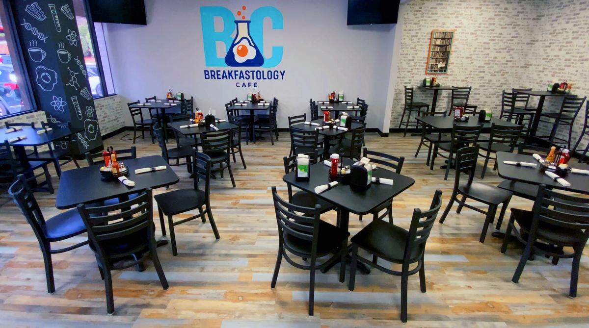 Logan Henderson has opened Breakfastology at 5156 River Road in Columbus. She describes the restaurant, pictured March 10, 2026.. as having a “science” concept, emphasizing the mix-and-match flavor profile that inspires the Breakfastology menu. The restaurant serves standard breakfast items, like shrimp and grits and omelets, mixed in with unique combinations.