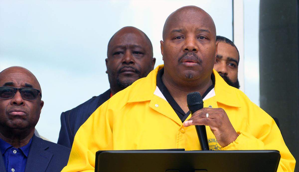 Melvin Tanner Jr., president of the Columbus NAACP, speaks during a March 24, 2025, news conference at the City Services Center in Columbus.