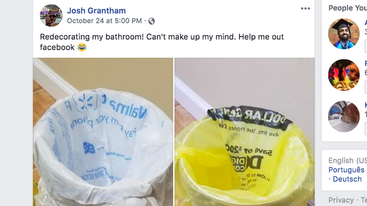 Jack, Alabama man Josh Grantham asked his friends to help him decide which trash bag would look best in his redecorated bathroom. Thousands of people shared and commented on his post with their opinions.