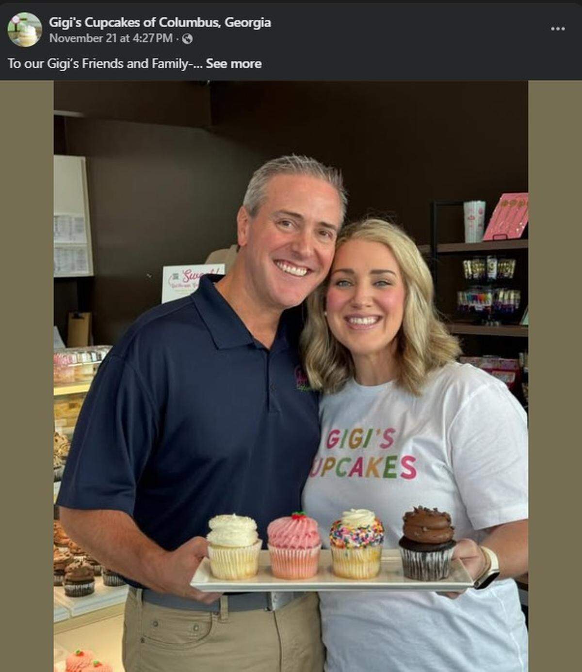 Jennifer Cooper, owner of Gigi’s Cupcakes, 2511-B Airport Thruway, has died. Her husband Patrick Cooper announced her passing with a Facebook post on Nov. 21. Here’s a screenshot of the post.