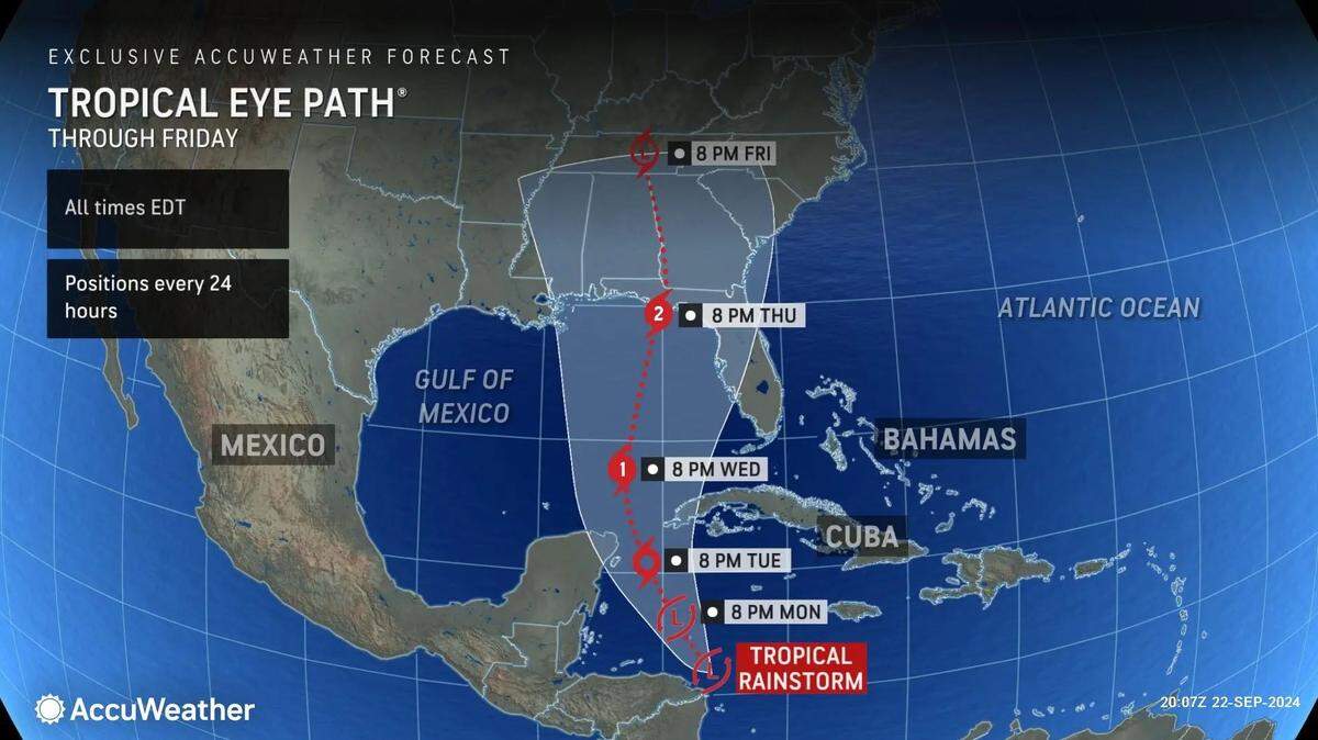 This tropical rainstorm, if developed into a hurricane like experts predict, would be named Helene and make landfall Thursday evening somewhere near the Florida Panhandle.