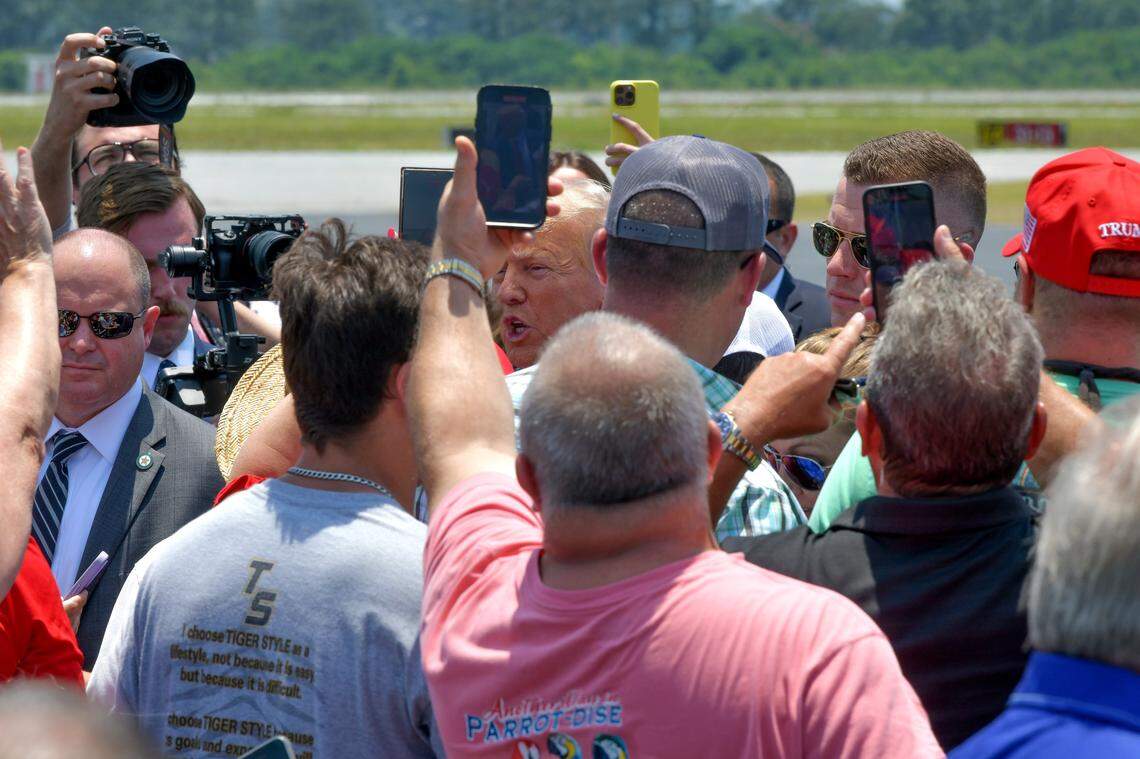 President Donald J. Trump greets fans who had been waiting at Columbus Airport since morning.
