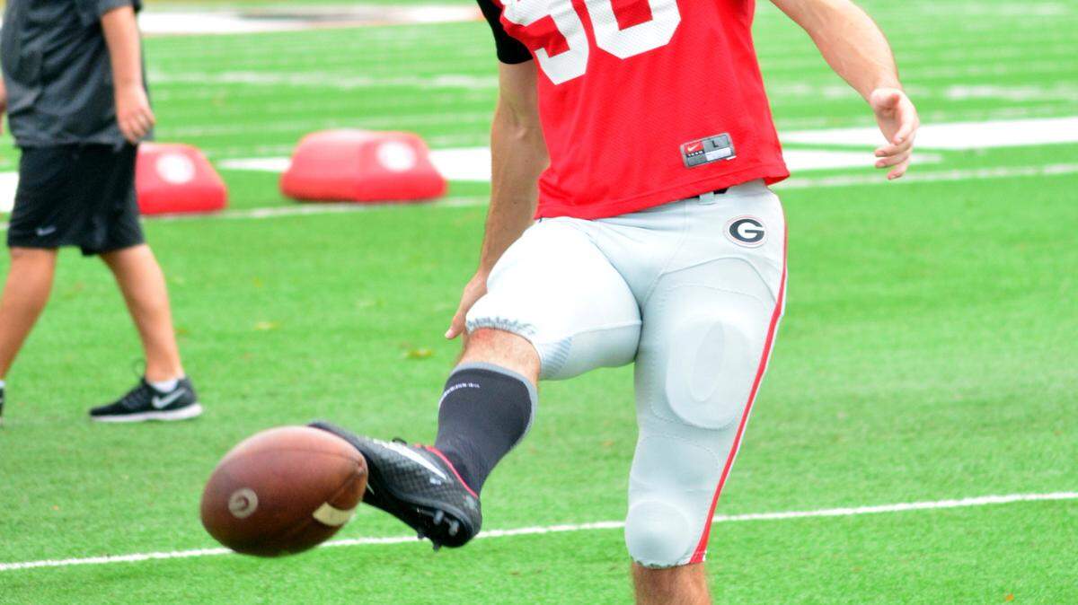 Georgia kicker Rodrigo Blankenship (98) during the Bulldogs' session on the Woodruff Practice Fields on Tuesday, Aug. 11, 2015, in Athens, Ga. (Photo by Steven Colquitt)
