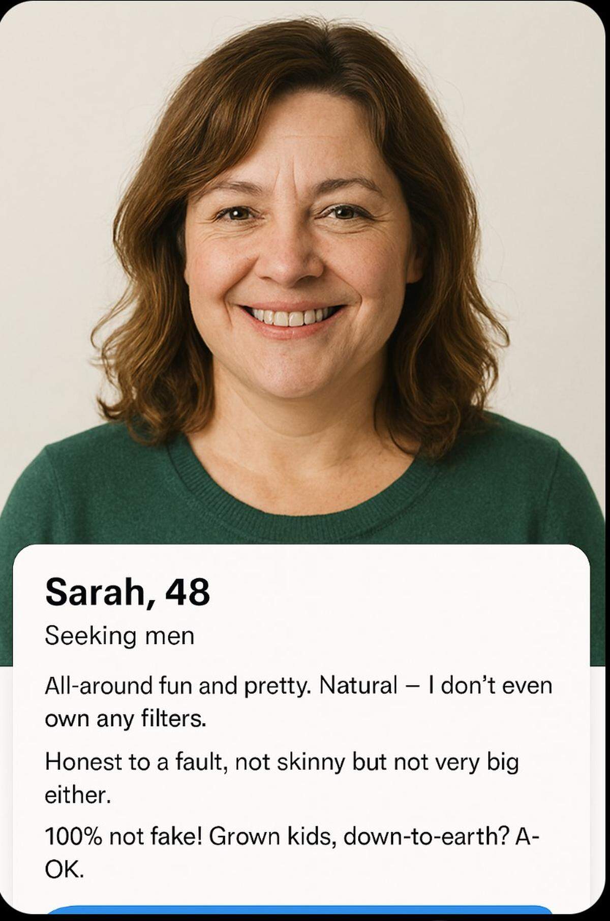 This is Sarah, and AI-generated match that looks suspiciously like the other AI-generated match, Beth.