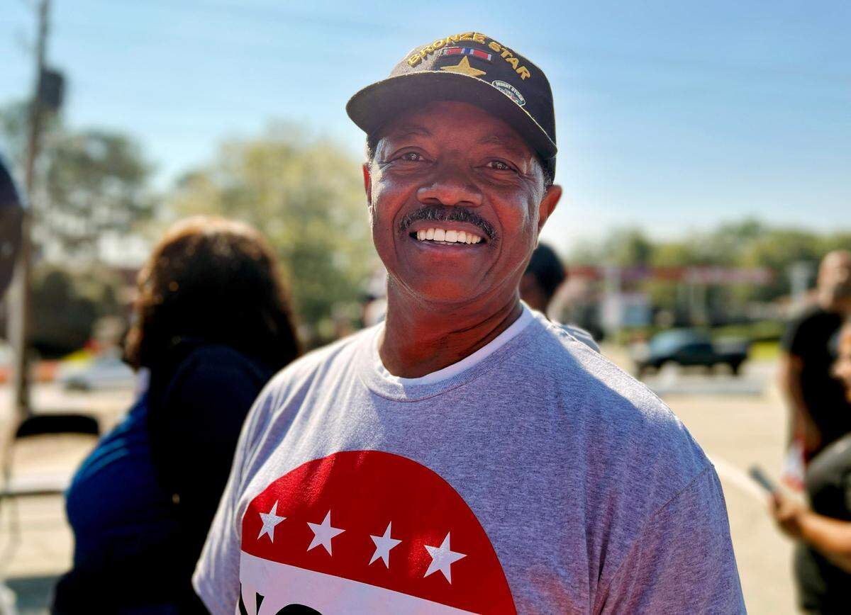 U.S. Army veteran Barrell Floyd attends event to see former President Bill Clinton campaign in Columbus, Georgia on behalf of democratic presidential candidate Kamala Harris and her running mate Tim Walz. 10/14/2024