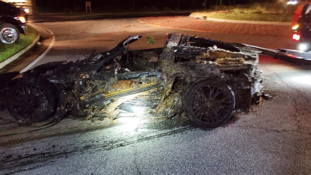 A destroyed Corvette is pictured Oct. 4, 2025, on South Lumpkin Road in Columbus.