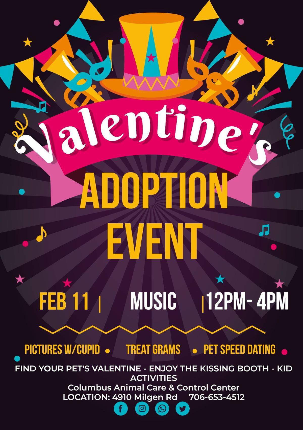 A flyer for a Valentine’s Adoption event on Feb. 11 from 12-4 p.m. for Columbus Animal Care & Control.
