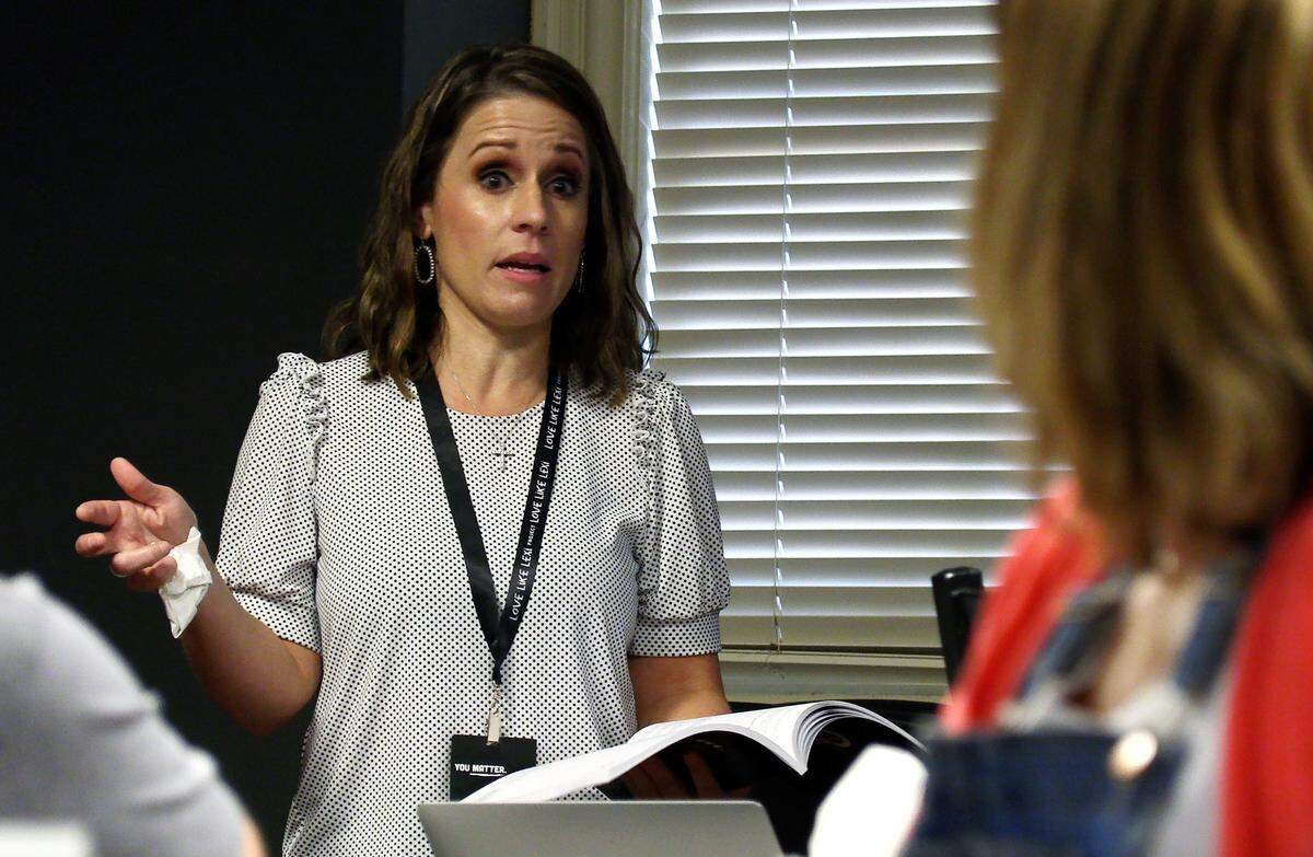 Andrea Mills leads a group of educators from the St. Luke School in Columbus through the Love Like Lexi Project curriculum during a training session for teachers in 2021.
