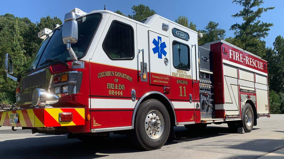 A picture a Columbus Fire & EMS Fire Engine sits at their training grounds.